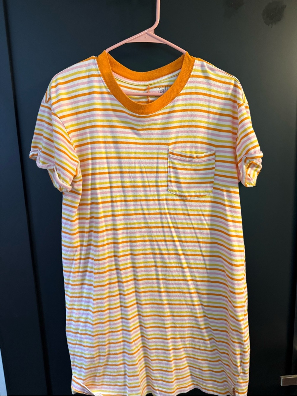 Time and Tru Yellow & White Striped Pocket T-Shirt Dress